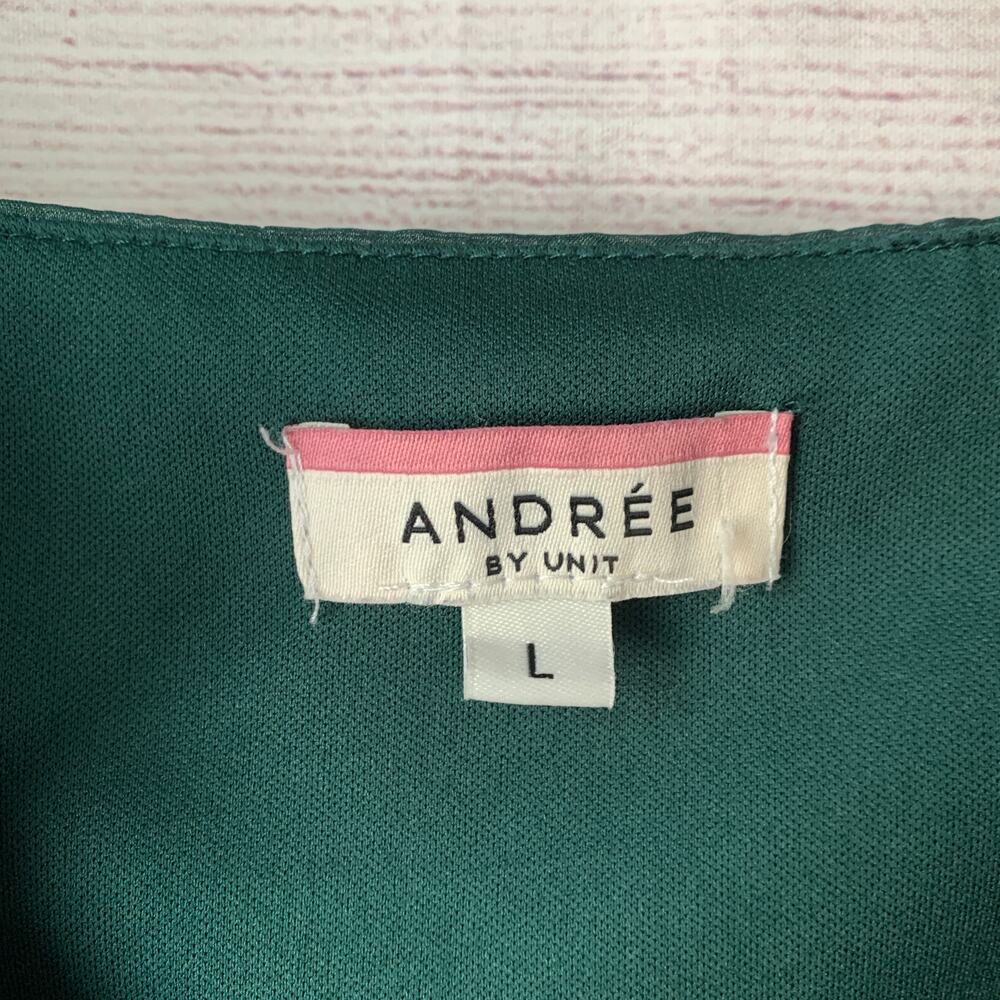 Andree by Unit Shimmery Forest Green Dress Sheer Long Sleeves Ruffle Size L - Picture 9 of 16